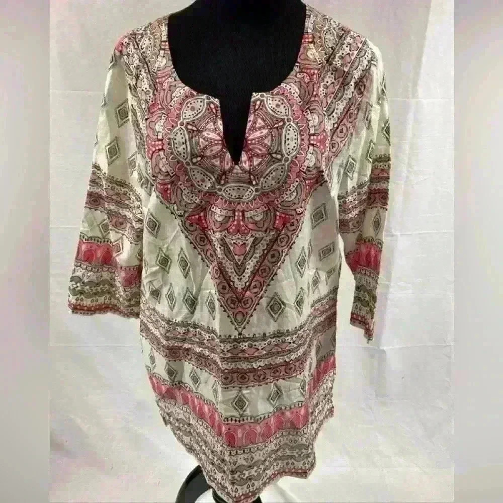 Tommy Bahama Paisley Multicolor V Neck Tunic Top Blouse Sheer Cover Up Women M